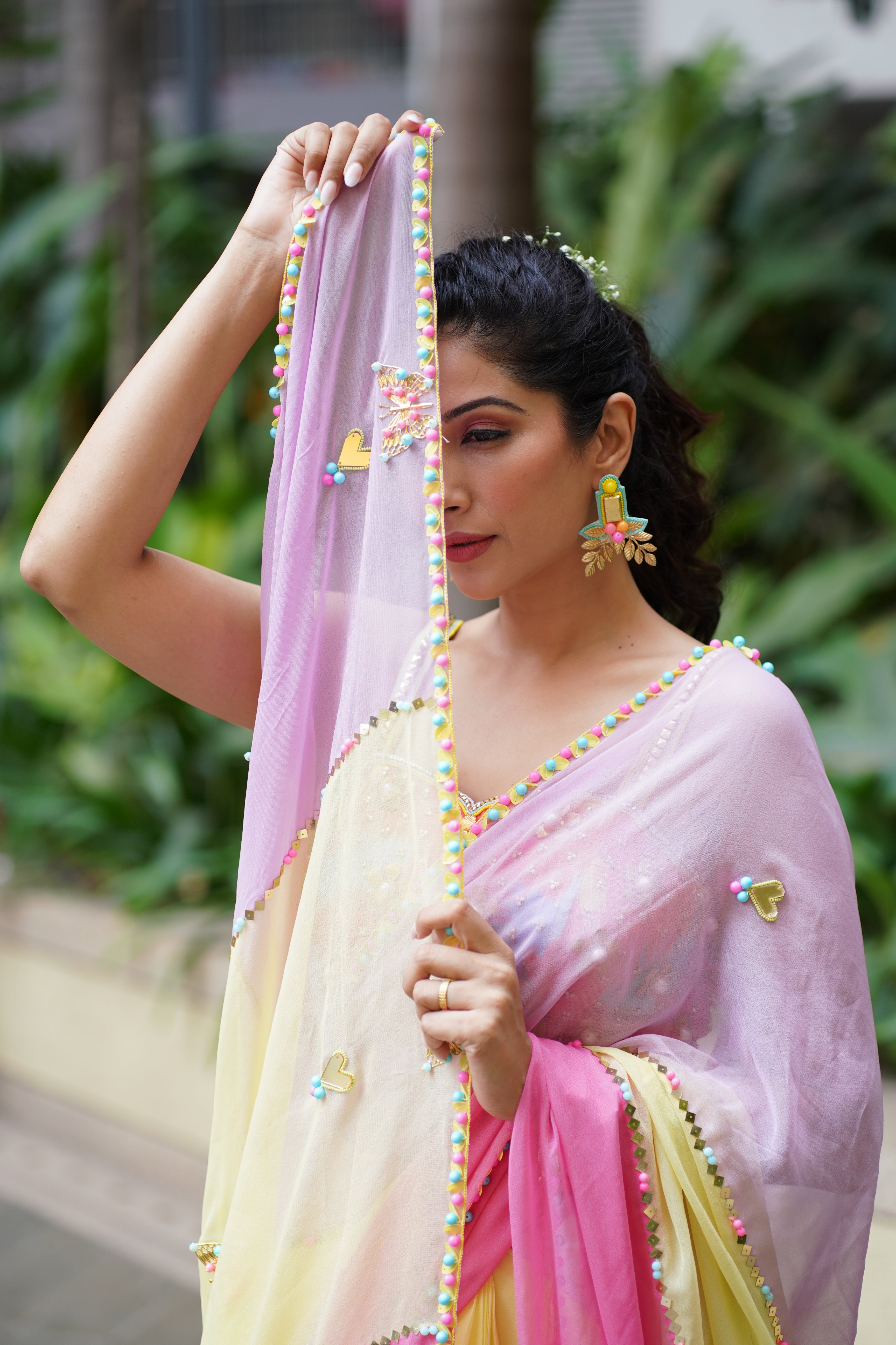 Golden statement  beaded handcrafted earrings.